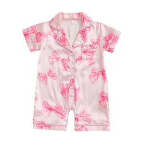 Baby Girl Silk Stain Bow Pajamas Summer Onesie Romper  Jumpsuit Pjs Long Sleeve Lapel Button Down Sleepwear