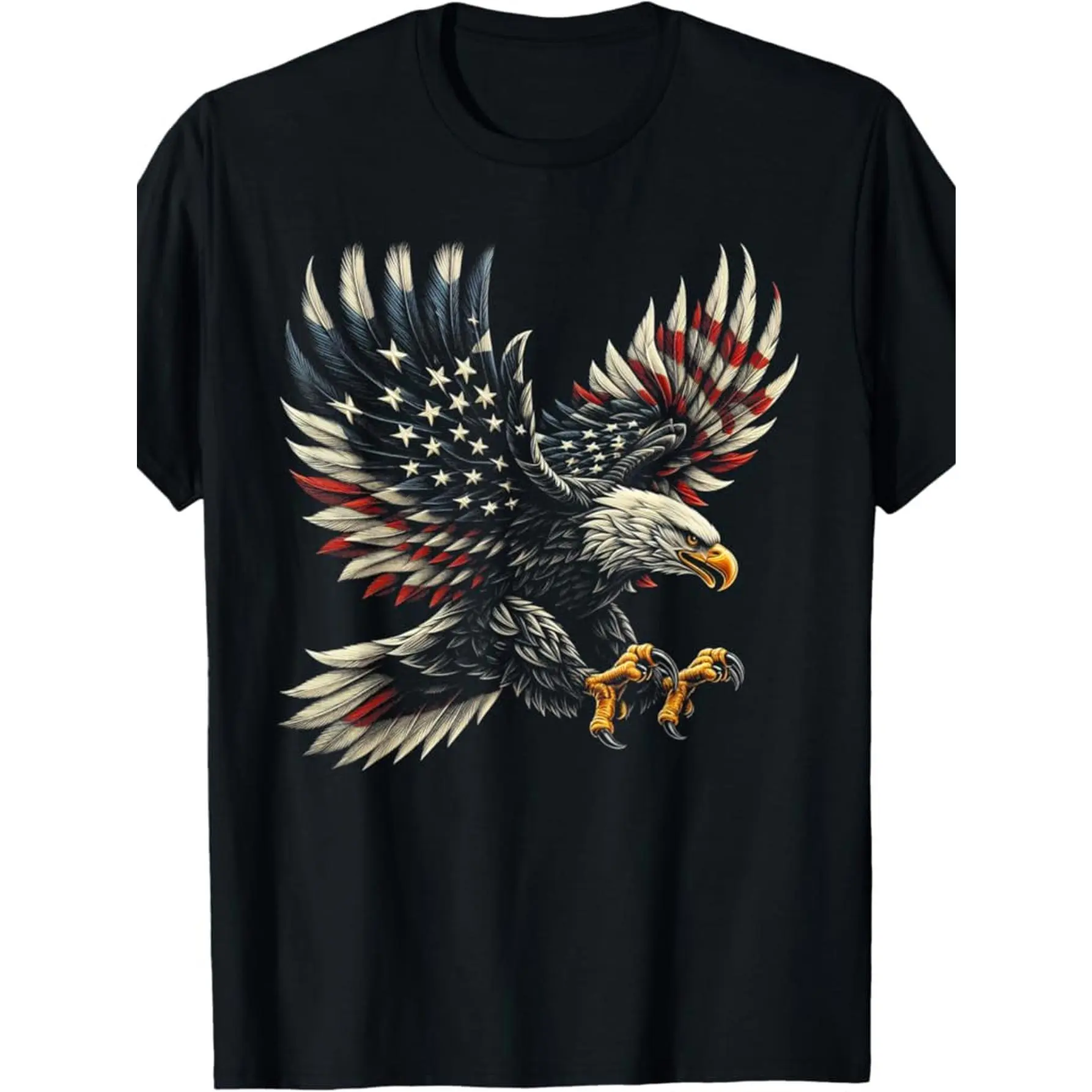 Cotton Short Sleeve  T-Shirt Men's Patriotic Eagle & USA Flag Graphic T-Shirt - 100% Cotton, 180g, Crew Neck, Short Sleeve, Made in USA, Ideal for Casual Wear