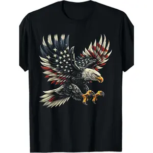 Cotton Short Sleeve  T-Shirt Men's Patriotic Eagle & USA Flag Graphic T-Shirt - 100% Cotton, 180g, Crew Neck, Short Sleeve, Made in USA, Ideal for Casual Wear