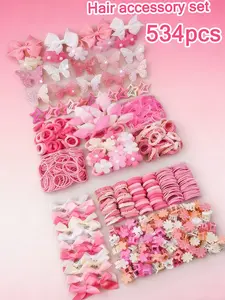 534/535pcs Little Princess Pink Collection Hair Accessories Set includes bow hair clips, rubber bands, butterfly hairpins, Cute cartoon bowknot, comes with storage box, for young girls, ideal for daily hairstyles, birthday gifts, and holiday surprise