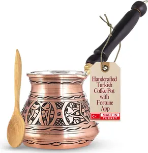 [New Deal]     12 Oz Copper Turkish Greek Arabic Coffee Pot with Fortune App and Wooden Handle (4 cups), Cezve, Ibrik, Briki Greek Coffee Pot, Hammered Turkish Coffee Maker