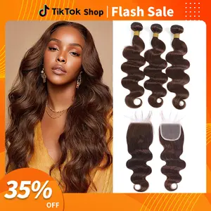 100% Unprocessed Brazilian Virgin Hair Bundles Quick Weave Hair Extension Chocolate Brown Bundles Glossy Hair Bundles Brazilian Body Wave Bundles with Lace Frontal Raw human hair bundles light brown human hair bundles with lace closure