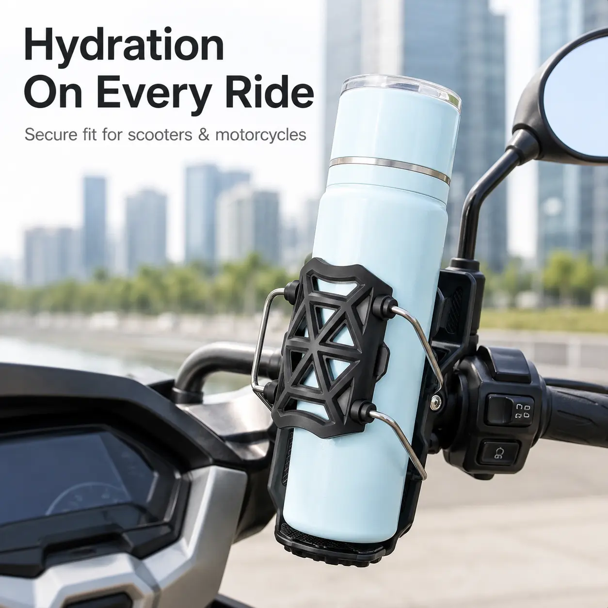Motorcycle Cup Holder, Bike Motorcycle Accessory with Auto-Adjusting 360-Degree Handlebar Mount, Compatible Bottle Holder for E-Bike, Scooter, Fits 32-77 mm Cups, Ebike Accessories, Bike Motorcycle Accessories, 32Mm