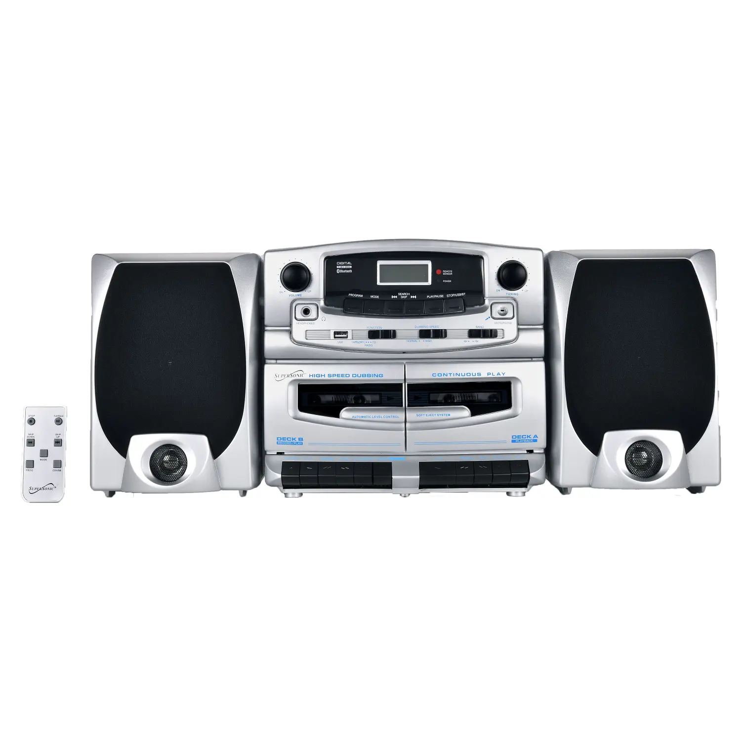 Supersonic SC-2121BT Wireless Stereo Entertainment Audio System with Bluetooth 5.0, Top-Loading MP3/CD Player, AM/FM Radio, USB Input, Double Cassette Recorder, Remote Control & Memory Function