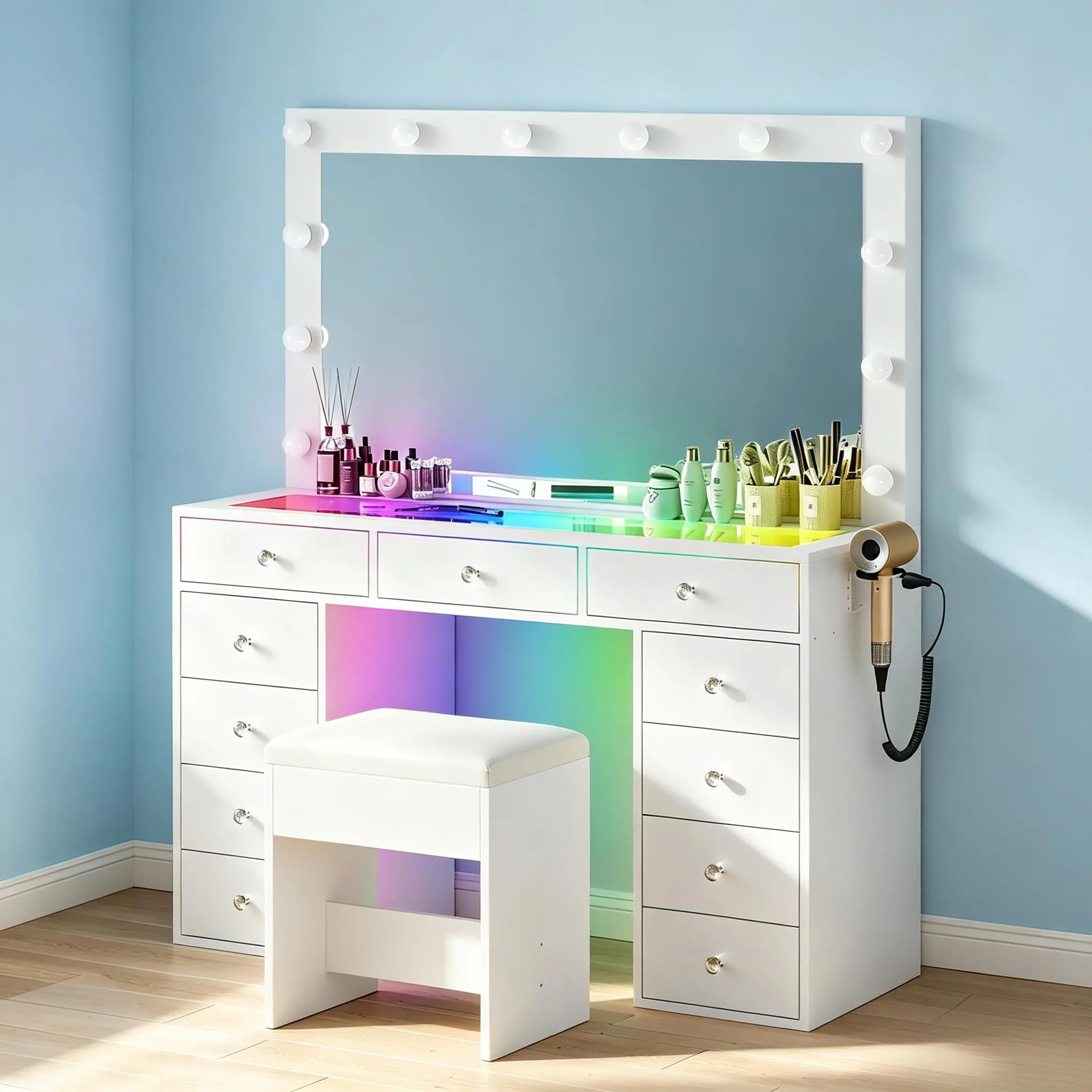 CollaredEagle Full Size Vanity Makeup Desk with LED Lighted Mirror, 12 Hollywood Bulbs, Power Socket, 11 Drawers, Glass Top & Padded Makeup Stool for Bedroom Makeup Station