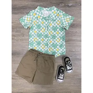 Luck O' the Irish Boys Toddler or Baby Size Short Sleeve St Patrick's Day Shamrock & Horse Shoe Button Down Top Green White Checkered
