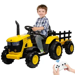 12V Dual Motors Kids Tractor Ride On Toy, 35W powerful electric tractor with remote control. Features detachable trailer, built-in Bluetooth music, 3-gear shifting system, safety belt and LED lighting, ideal gift for boys and girls.