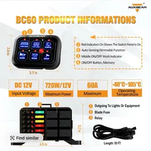 Auxbeam BC60 6 Gang Switch Panel Off-Road Light Controller with Automatic Dimmable Backlight for Safe Driving Universal Relay System for Car Gadgets Car Lighting Accessorie