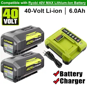 2 Pack 6.0Ah 40 Volt Replacement for Ryobi 40V Battery and OP401 Charger Kit Lithium OP4040 OP40401 OP4026 OP40261 OP4050 OP40601