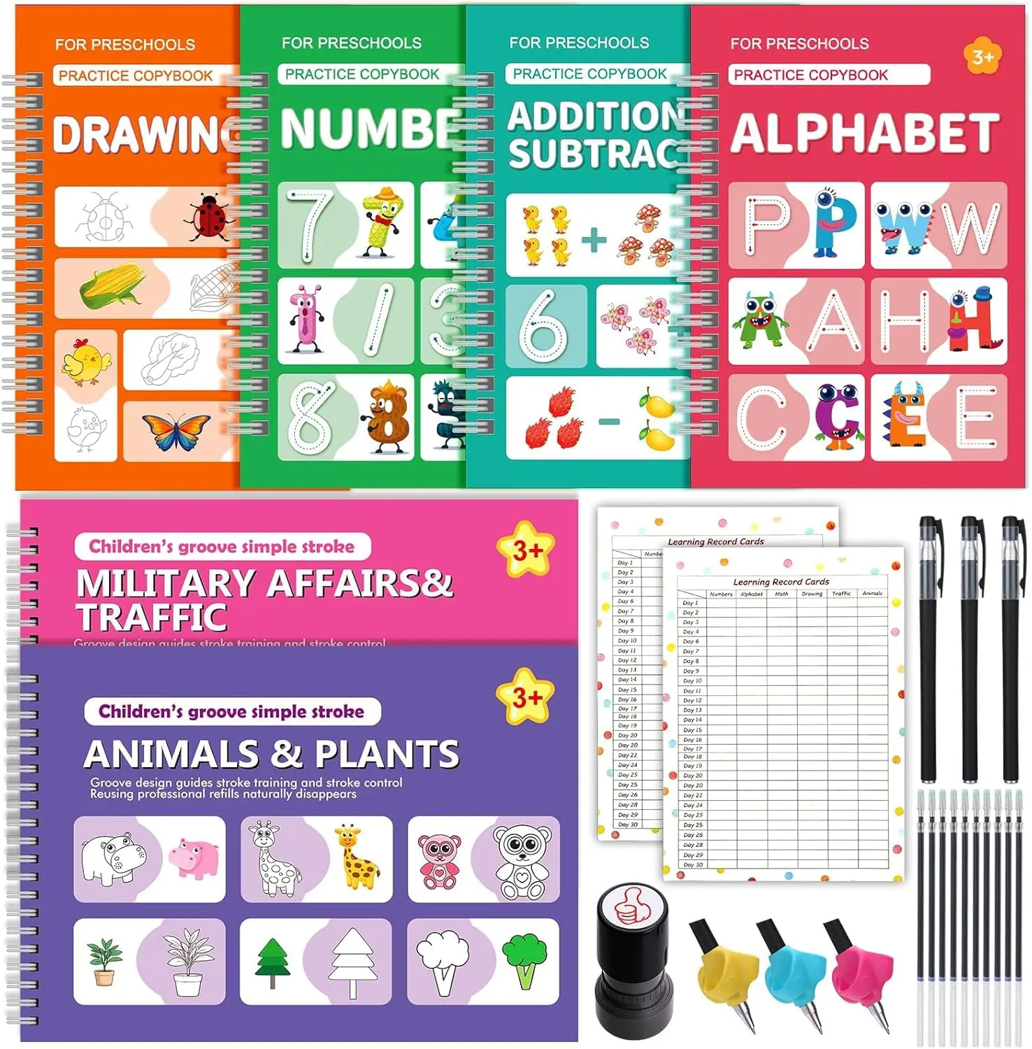 Magic Practice Copybook Set for Kids Ages 3-8, 6 Reusable Grooved Handwriting Workbooks, Alphabet, Numbers, Addition & Subtraction, Drawing, Animals & Plants, Military & Traffic, 3 Magic Pens, 10 Refills, Pen Grips, Ink Stamp, Preschool Learning Toy, Groo