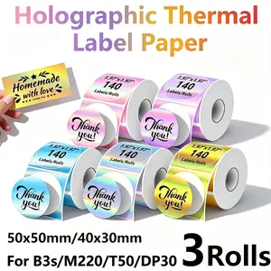 3 Rolls Laser Thermal Label Paper for Phomemo M220 M200 M221 M110, 50x50mm Waterproof Labels, Holographic Colorful Stickers for Holidays