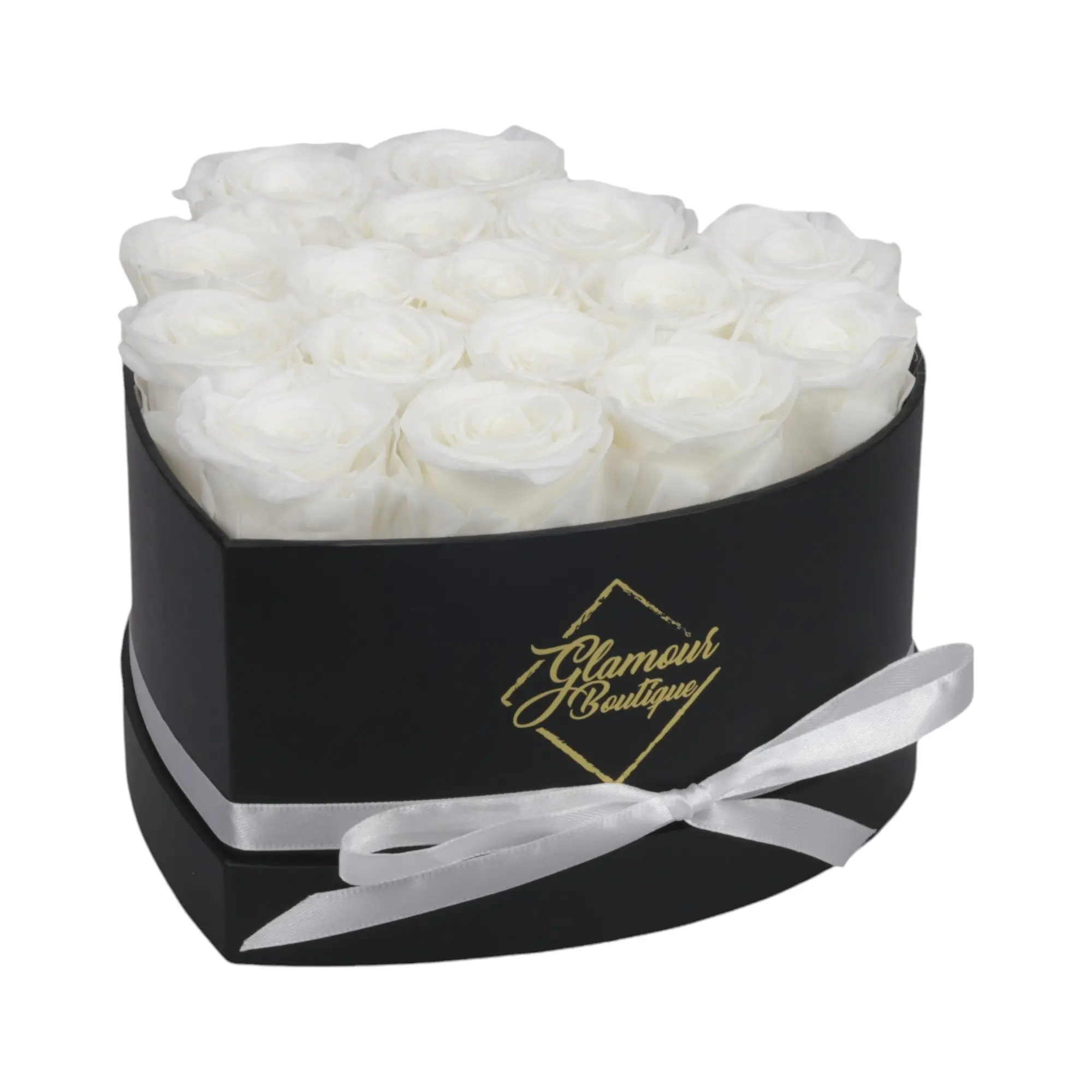 GLAMOUR BOUTIQUE Immortal Love Black Heart Decorative Flower Box with 16 White Roses, for Birthday, Mother's Day, Valentine's Day Home Decor