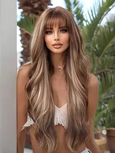 28inch Platinum Blonde Color Highlight Brown Long Wavy Wigs for Women, Gorgeous Fluffy Wigs with Air Bangs, Synthetic Wigs for Party, Daily Use, Synthetic Hair Wig, Fashion Fluffy Wigs