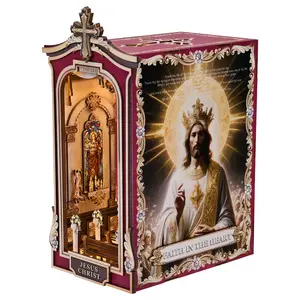 3D Wooden DIY Book Nook Kit + Bookend Spiritual Home Decor Bookcase LED Bookshelf Decor Jesus Christ Cathedral Religious Wood Craft + Book Organization for Home DIY Religious Hobbyist + Cathedral LED Light + Home Decor Hobby Gift Solid Wood Solid Wood tik