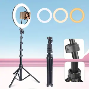 10''Circle Circle Round Light, Height Adjustable From 28 to 74 Inches, Desk Tripod&Phone Holder, Dimmable LED Video Light for Selfie Camera Photography/ Makeup tripod selfie smartphone cellphone#springbreak