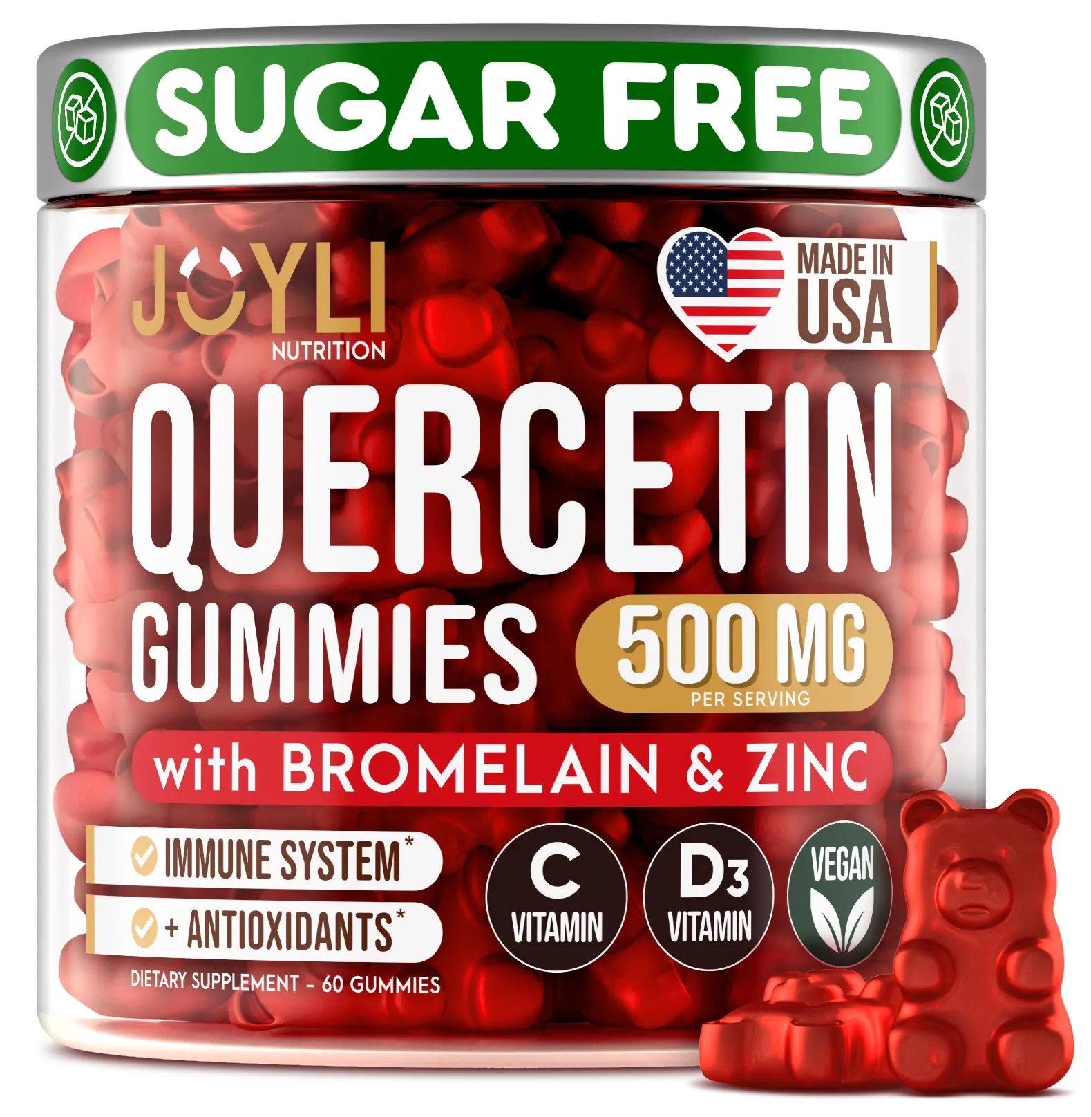 JOYLI Nutrition Quercetin Gummies, Immune Support Dietary Supplements with Bromelain, Zinc, Vitamins C & D3 - 500mg per serving Chewable Dietary Supplement Daily Wellness Gummies
