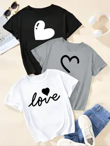 Women's Heart & Letter Print Round Neck Sports Tee, Casual Comfortable Breathable Short Sleeve Crew Neck T-shirt for Daily Outdoor Wear, Ladies Sportswear for All Seasons, Breathable Athleisure, Casual Sporty Top