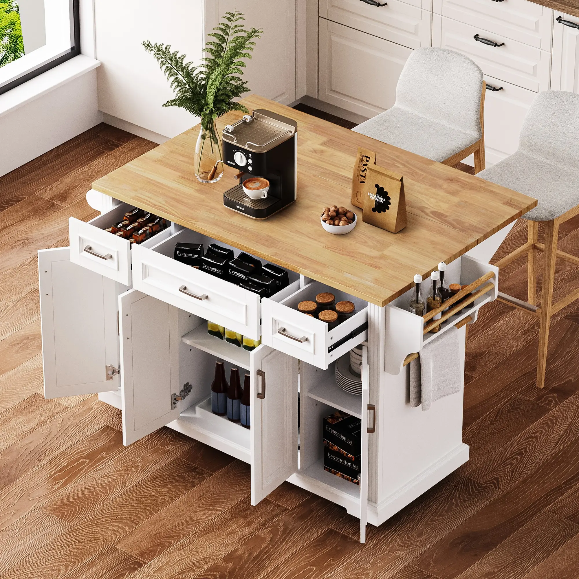 Vintage 54 in Adjustable Rubber Wood Kitchen Island on Wheels - Drop Leaf Top, 4 Doors, 3 Drawers, Embossed Panels, Space-Saving Indoor Cabinet with Classic Modern Design for Storage Needs