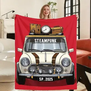 Steampunk Car Design Flannel Blanket Vintage SP 2025 License Plate Clock Suitcase Pattern Soft All Season Bedspread Sofa Cover Travel Throw Retro British Racing Green White Golden Plaid for Men Fathers Day Gift Train Gifts Husband Dad Birthday Nephew Chri