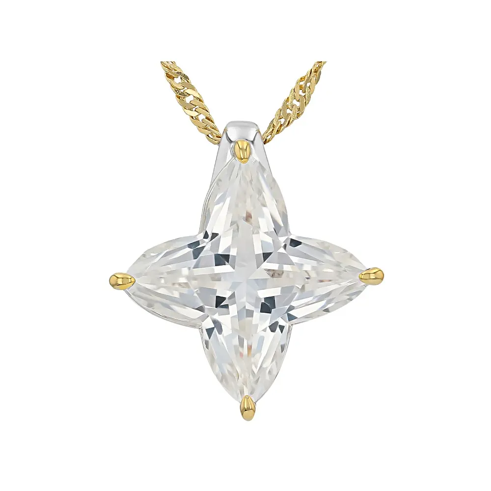 JTV White Lab Created Sapphire Rhodium & 18K Yellow Gold Over Brass Flower Cut Pendant/Chain 7.00ct