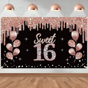 Happy 16th Birthday Decorations Banner for Girls, Rose Gold Sweet 16 Birthday Theme Sign Party Supplies, Sixteen Year Old Bday Background Photo Booth for Indoor Outdoor Daughter Ornaments