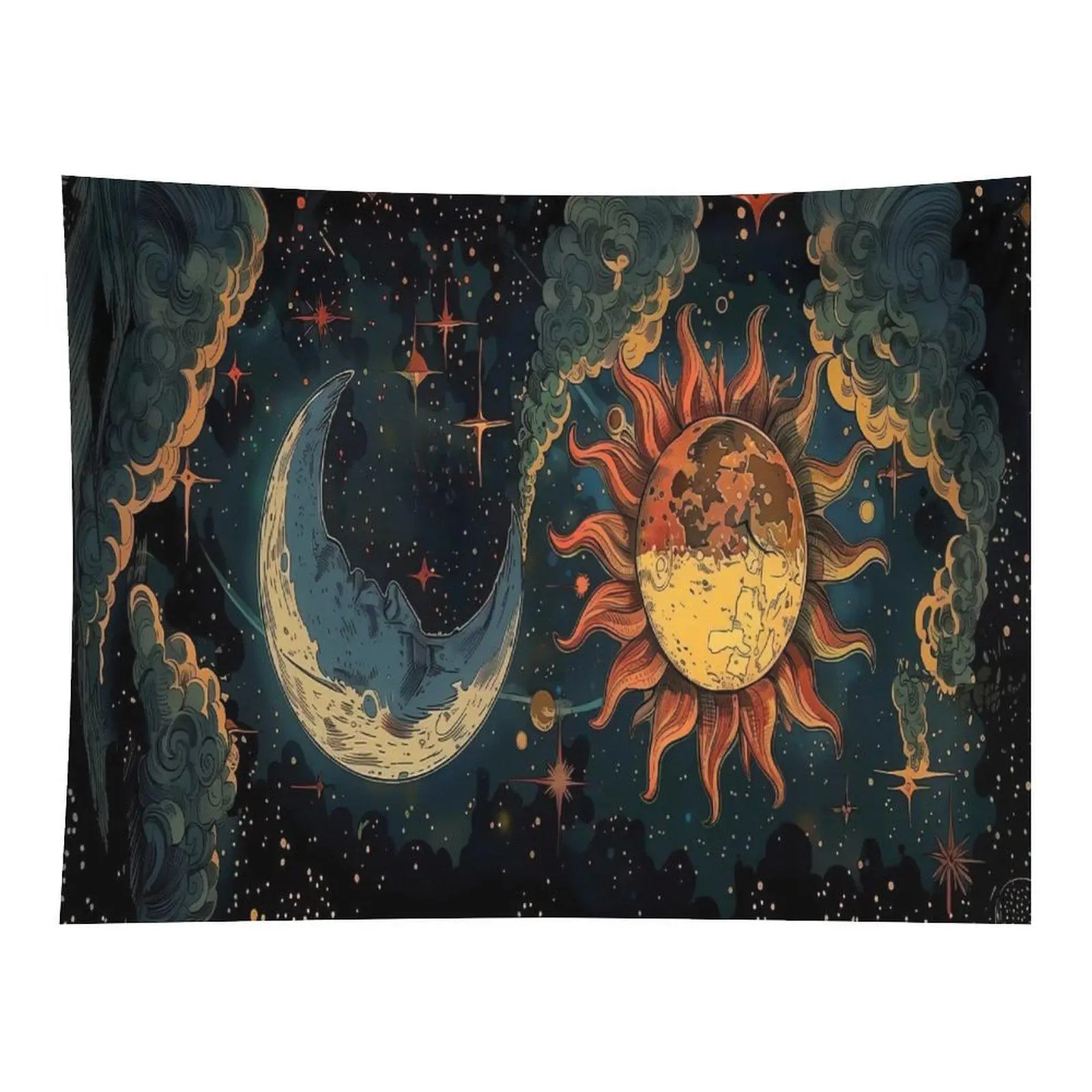 Vintage Hand Drawn Sun Moon Cloud Star Celestial Wall Tapestry Wall Hanging, Dark Cosmic Sky Art Decor for Teen Room Dorm Bedroom Wall Decoration