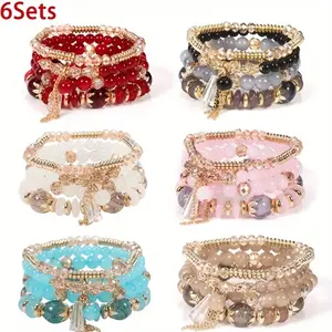 6Sets Bohemian Colorful Faux Agate & Glass Stackable Bracelets, Chain Tassel Detail Stretch Multilayer Stack Beaded Bracelet Set, Charm Summer Beach Boho Jewelry Ideal Party Gift for Women