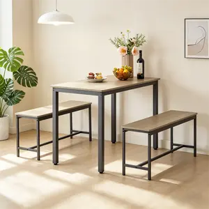 Dining Table Set with 2 Benches, Industrial Kitchen Breakfast Table with Hidden Storage Benches, Seats 4 People, Space Saving Easy Assembly for Kitchen Living Room Party Room