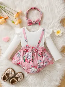 Adorable Baby Elephant Print Romper Set, Long Sleeve Two-Piece with Bow Headband, Baby Girl Clothes, Toddler Outfit, Sweet Spring & Fall Toddler Clothing
