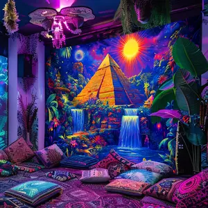 1pc Dream Pyramid Waterfall UV Black Light Tapestry, Mysterious Scenery large Size Peach Skin Fluorescent Tapestry, Bedroom Aesthetic Hanging Tapestry For Bedroom Office Living Room Home Decor, Durable Decorative Tapestry, Wall Tapestries