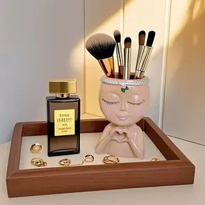 Cute Resin Girl Makeup Brush Holder with Heart Hands, Closed Eyes Decorative Pen Cup, Multi-functional Vanity Organizer for Cosmetics, Stationery, Small Plants, Bedroom Desk Bathroom Decor, Beauty Organizer, Cosmetics Organizer Storage