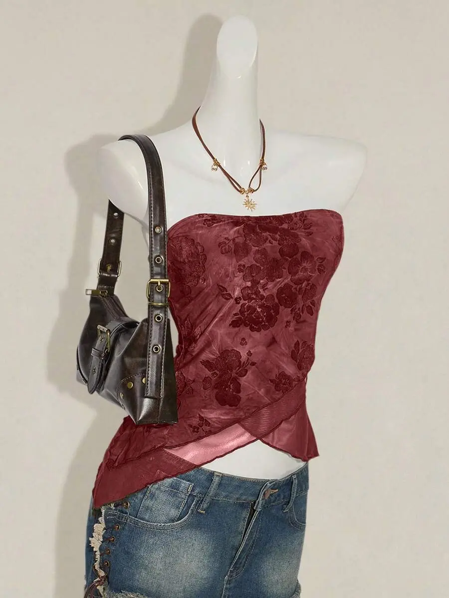 Bohemian Style Flocked Fabric Mesh Panel Asymmetrical Hem Bustier Top