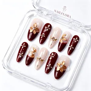 【BUY 3 GET 1 FREE 】NailFlora Burgundy Champagne – Handmade Press-On Nails | Elegant, Glossy, Salon-Quality Luxury Nail Set