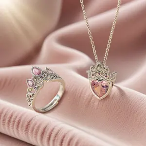 Cute Rapunzel Inspired Heart Crown Necklace Ring Set Princess Jewelry for Women Dress-Up Costume Accessories Birthday Gifts