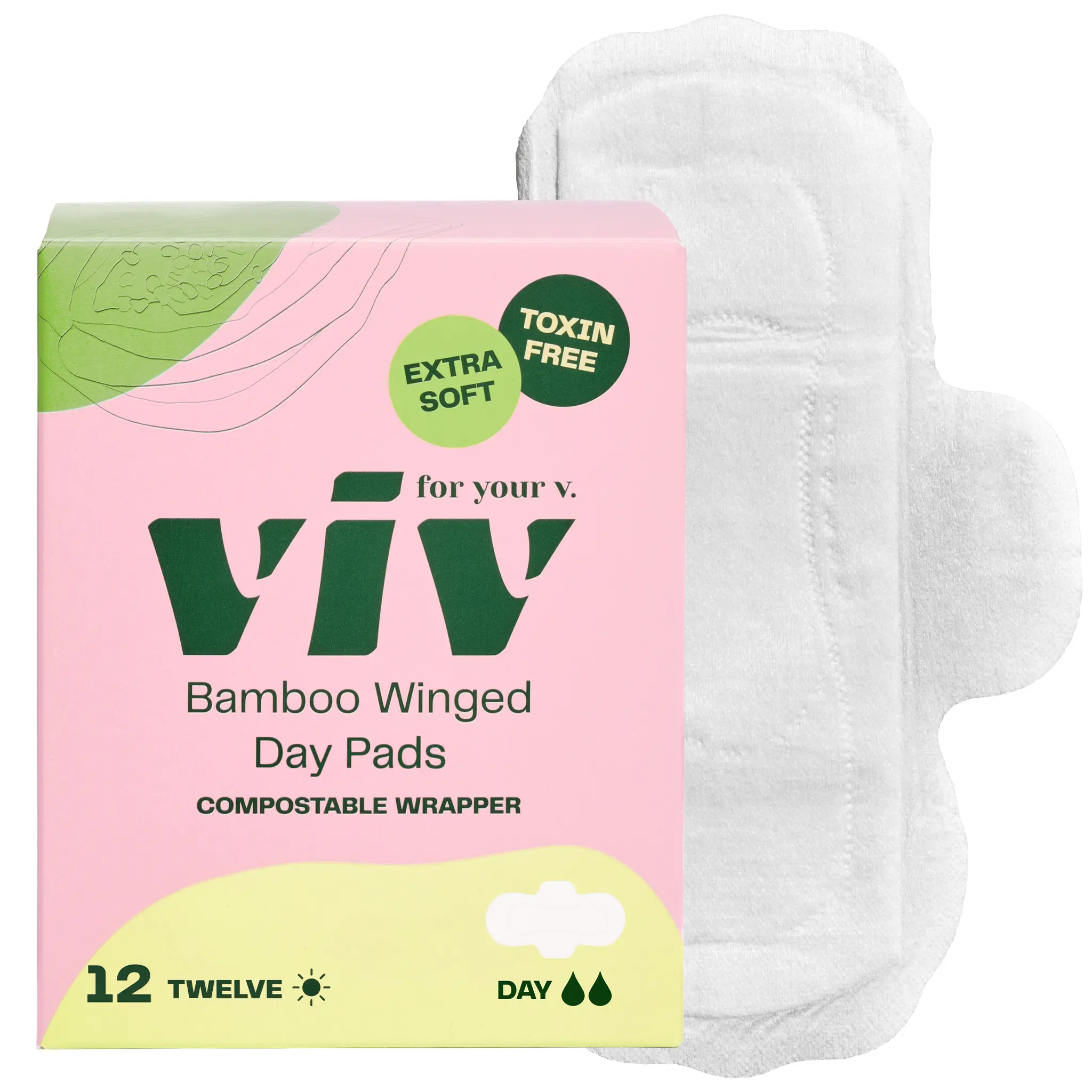 Viv Winged Plant-Based Pads - 100% Toxin-Free, Extra Soft, Absorbent, Comfort Menstrual Pads with Wings - Hypoallergenic, Smooth and Soft