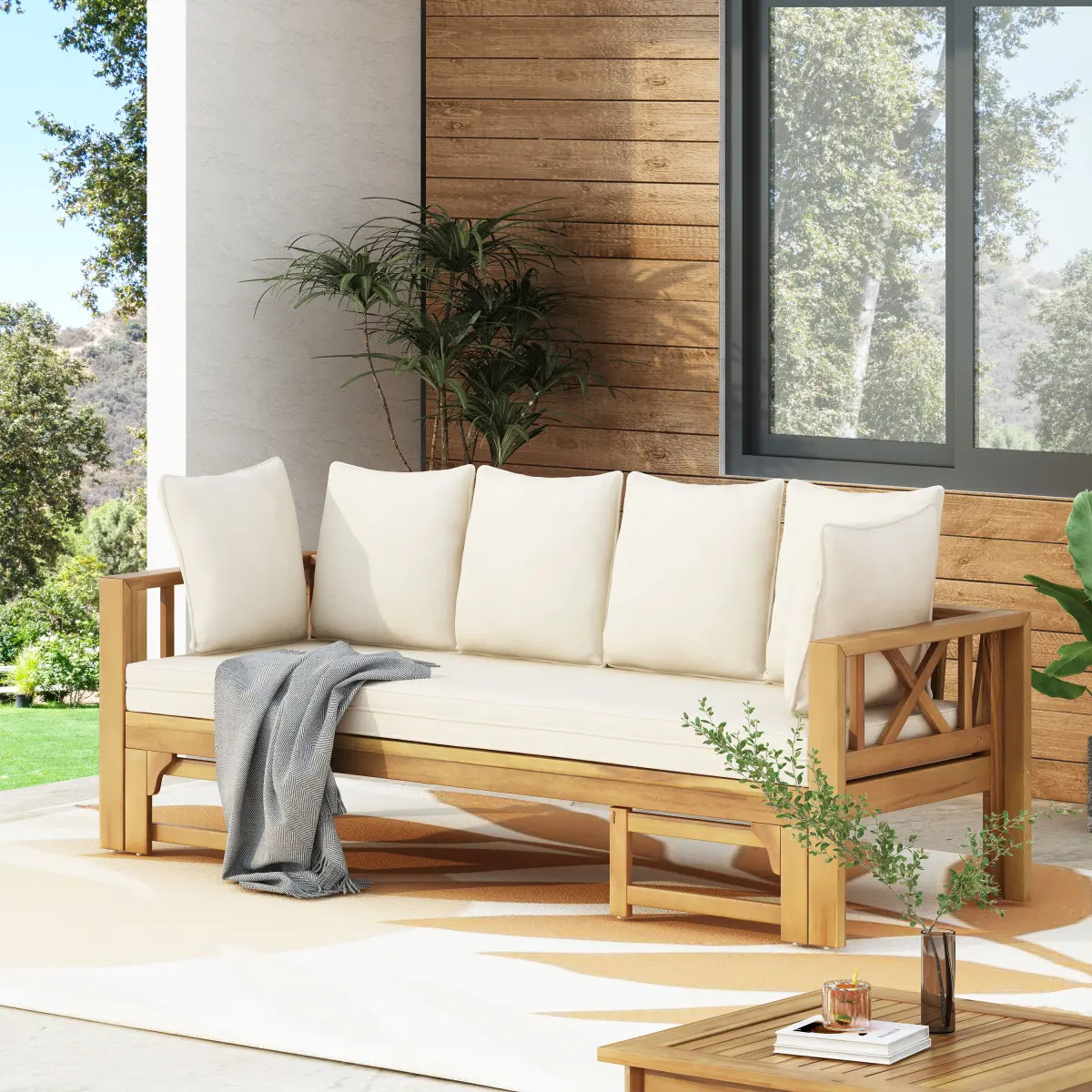 78.5-Inch Rustic X-Frame Convertible Outdoor Daybed Sofa - Teak Acacia Wood, PE Rattan, Iron Frame, Water-Resistant Cushion, Expandable Lounge Couch - Heavy-Duty, Sturdy, Indoor-Outdoor Sofas for Patio, Garden, Backyard Decor (Assembly Required), Outdoor
