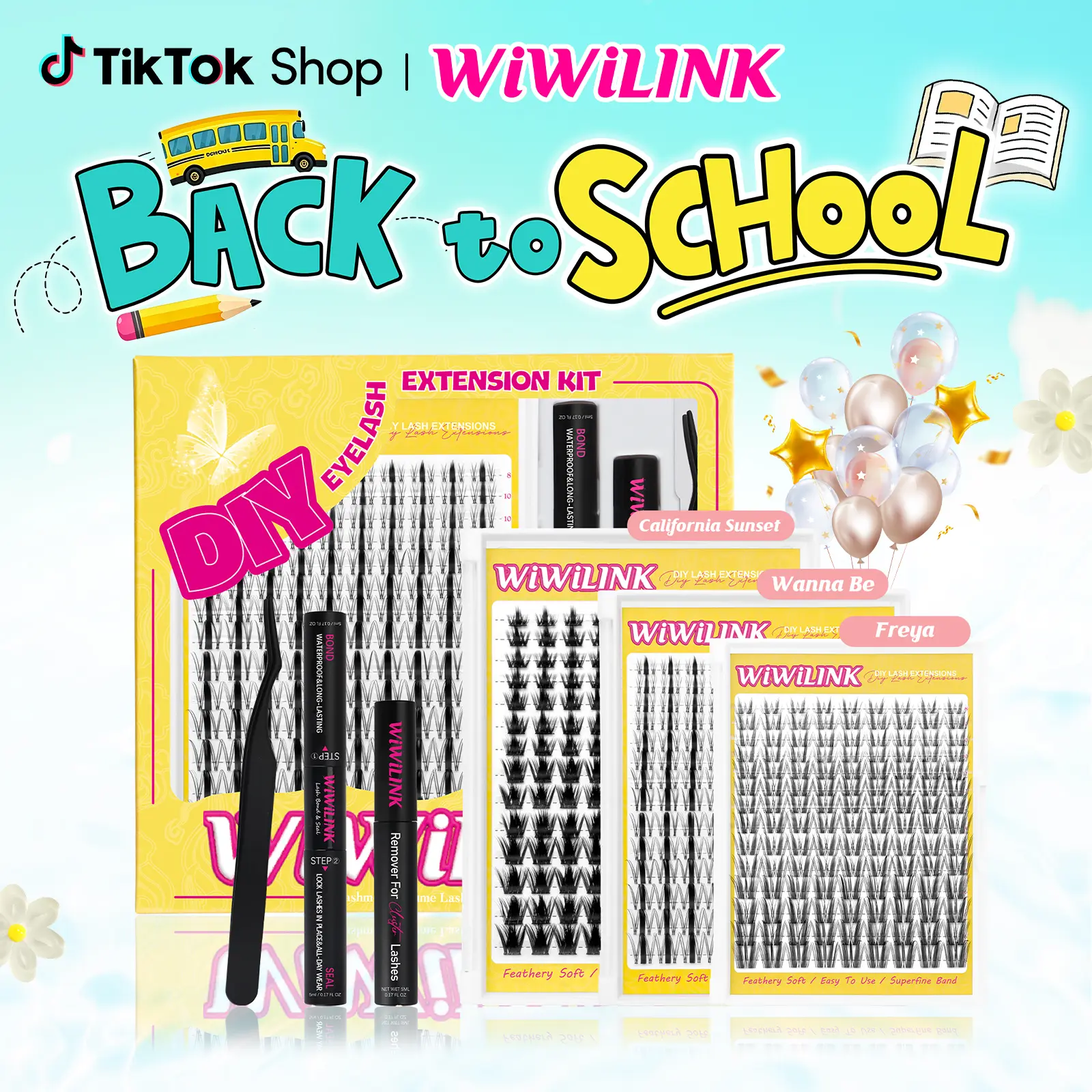 WiWiLink Sunset Wanna Be Freya Manga Lashes Cluster C D Curl DIY Lash Extension Kit and Lash Clusters 8-18mm with Bond Seal and Remover - Ultra-Thin Transparent Bands, Lash Magic Anime False Lash Extension Kit Makeup Cosmetic Makeup Individual Eyelash