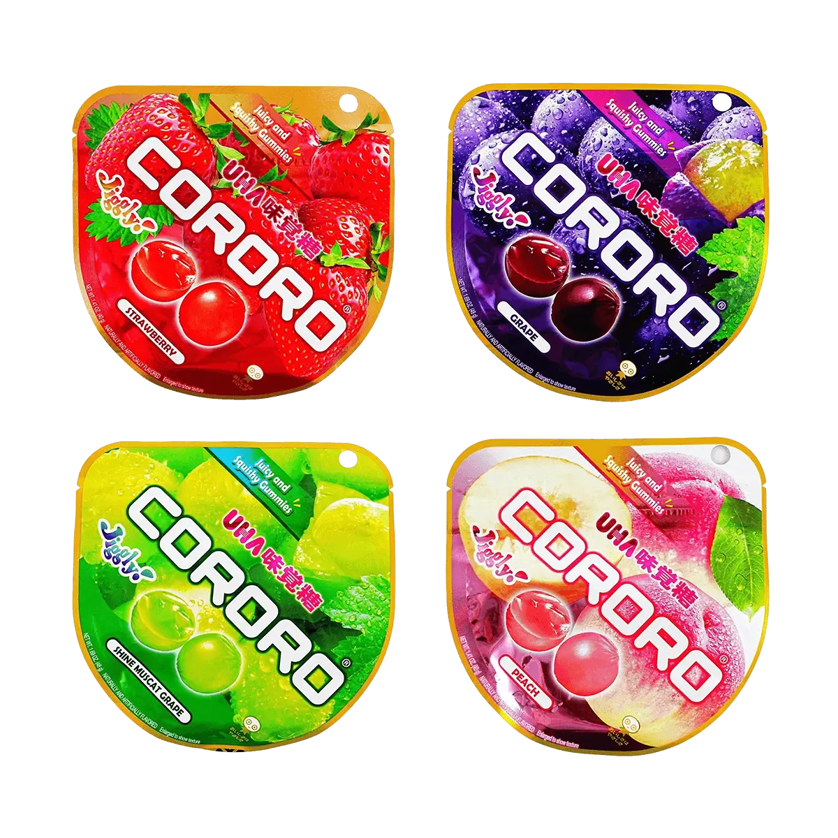 UHA Japan Cororo Fruit Juice Gummies - Strawberry, Peach, Shine Muscat & Kyoho Grape - 4 Flavor Combo Pack (176g)