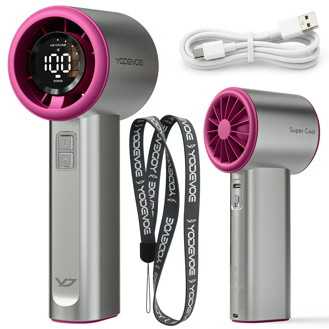 YodevoeThis portable handheld turbine fan features 100 speed settings, a built-in 4000mAh battery, and a runtime of up to 18 hours. This 3-in-1 rechargeable handheld fan utilizes turbine cooling technology and is suitable for outdoor activities.