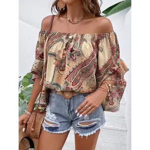 Women's Simple Vintage Style Printed Off-Shoulder Daily Shirt