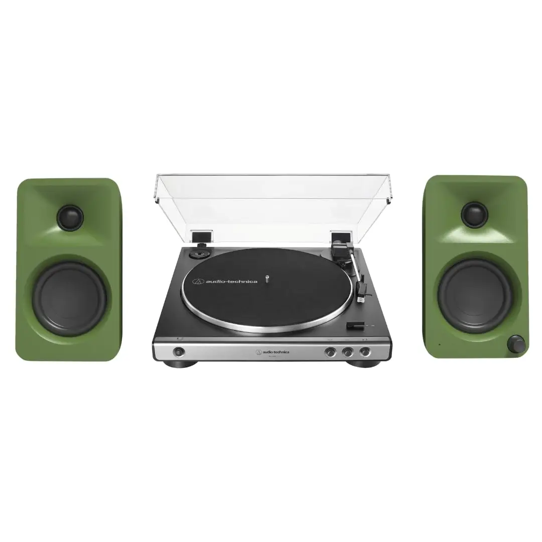 Kanto ORAME 100W Powered Reference Desktop Audio Bass Speakers (Moss) with Amplifier, Wireless Bluetooth Receiver, USB Type-C, Digital Connectivity, 60X-GM Fully Automatic Belt-Drive Vinyl Turntables, 3/4" Silk Dome Tweeters for Music Setup, Bass Bloom Sp