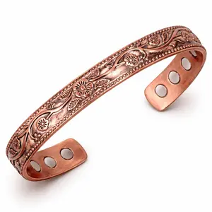 Copper Bracelets for Women, 99.9% Pure Copper Vintage Flower Magnetic Bangle with 3500 Gauss Magnets,Adjustable Cuff Jewelry Gift