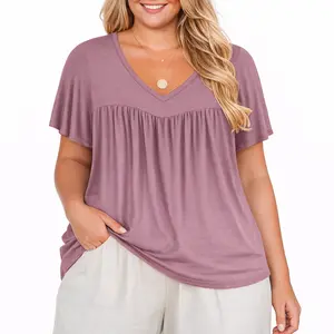Womens Plus Size Summer Tops V Neck T Shirts Short Sleeve Pleated Ruffle Flowy Tunics Blouses XL-5XL