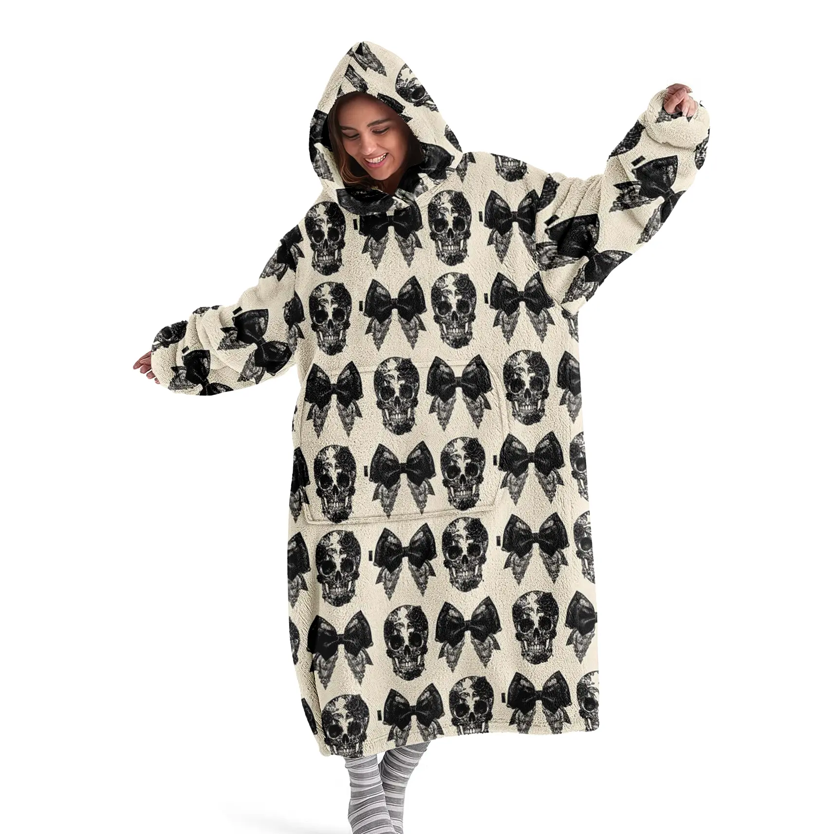 hoodie blanket，Wearable Blanket，Unisex Hooded Blanket Sweatshirt, Vintage Gothic Skull Bowknot Design, Wearable Blanket, Home Clothing, Comfortable Soft, Holiday Gift，Christmas Gift,Valentine's Day gift, Cozy Hooded Blanket