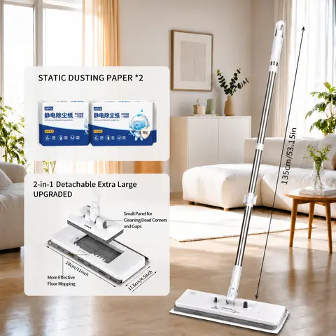 Hands Free Flat Mop with Mini Sweeper Mop,2-in-1 Disposable Dust Mop with 53" Long Handle,Microfiber Mops for Floor Cleaning,No-Touch, Multi Surface Floor Cleaning,Disposable Swiffer Pad Compatible