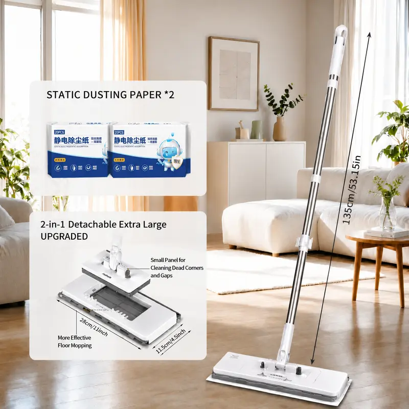 Hands Free Flat Mop with Mini Sweeper Mop,2-in-1 Disposable Dust Mop with 53" Long Handle,Microfiber Mops for Floor Cleaning,No-Touch, Multi Surface Floor Cleaning,Disposable Swiffer Pad Compatible