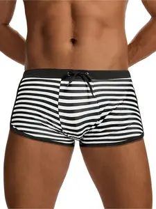 Men's quick-dry, high-elastic drawstring sports swim trunks with color-block stripes, suitable for beach swimming, surfing, and sports shorts
