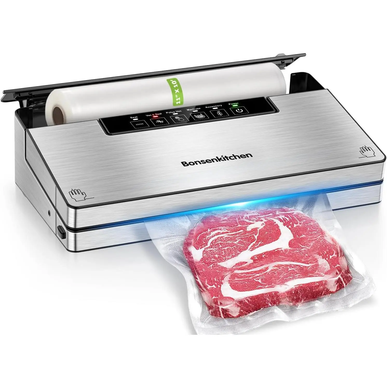 Bonsenkitchen Stainless Steel Kitchen Vacuum Sealer Machine - Powerful Device with 5 Modes, Built-in Cutter, Storage, Globefish Technology for High-Speed Continuous Use, Airtight Seal, Automatic Function, Includes 1 Roll