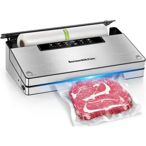 Bonsenkitchen Vacuum Sealer Machine, Powerful Stainless Steel Food Sealer with 5 Modes, Built-in Cutter & Bag Storage,Globefish Technology for High-Speed Continuous Working, Include 1 Bag Roll