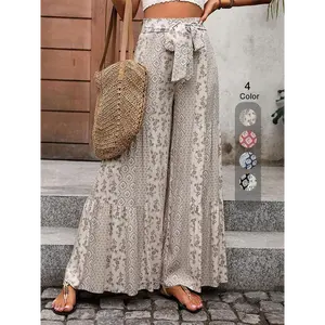 Women's All Over Print Pants, Boho Casual Comfy Trousers for Beach Vacation Holiday, Bohemian Ladies Bottoms Summer, Elastic Waisted Style Womenswear